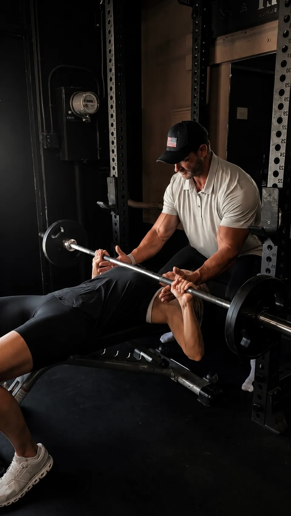 Robin Hofer coaching a client through a bench press in a private gym